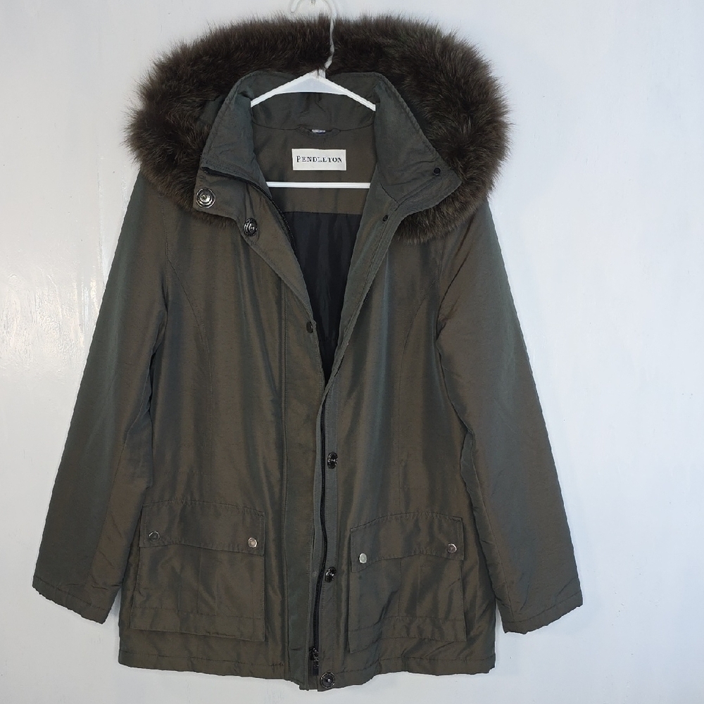 Pendleton Olive Coat with Fur Trim